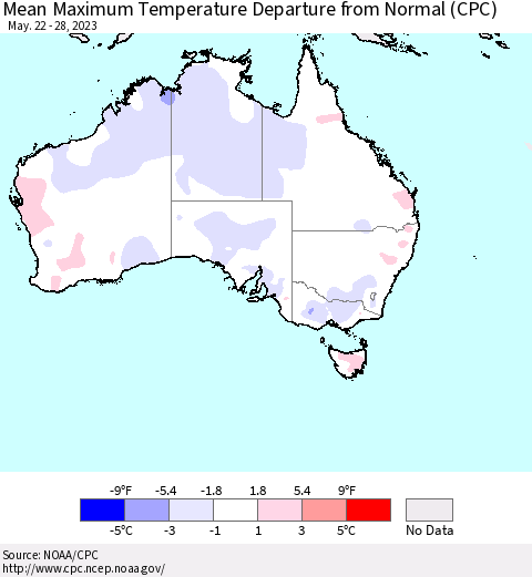 Australia Mean Maximum Temperature Departure from Normal (CPC) Thematic Map For 5/22/2023 - 5/28/2023
