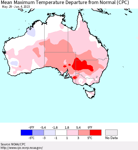 Australia Mean Maximum Temperature Departure from Normal (CPC) Thematic Map For 5/29/2023 - 6/4/2023