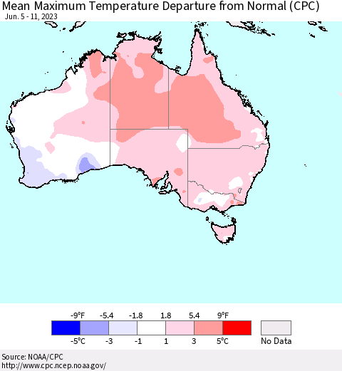 Australia Mean Maximum Temperature Departure from Normal (CPC) Thematic Map For 6/5/2023 - 6/11/2023