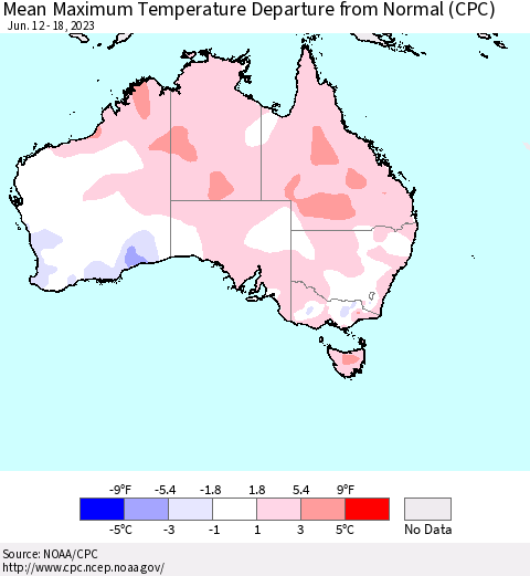 Australia Mean Maximum Temperature Departure from Normal (CPC) Thematic Map For 6/12/2023 - 6/18/2023