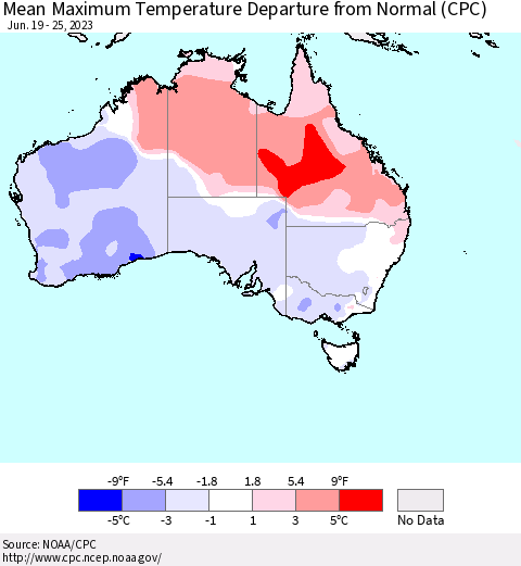 Australia Mean Maximum Temperature Departure from Normal (CPC) Thematic Map For 6/19/2023 - 6/25/2023