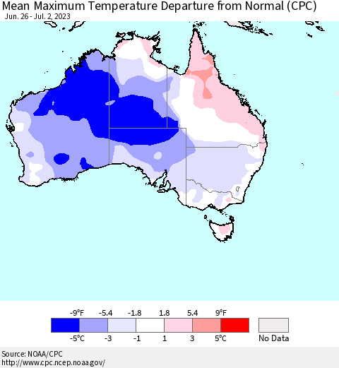 Australia Mean Maximum Temperature Departure from Normal (CPC) Thematic Map For 6/26/2023 - 7/2/2023