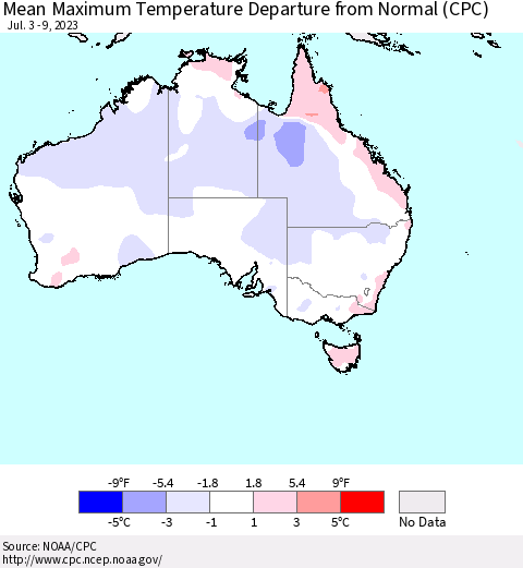 Australia Mean Maximum Temperature Departure from Normal (CPC) Thematic Map For 7/3/2023 - 7/9/2023
