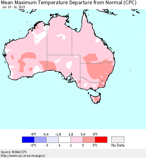 Australia Mean Maximum Temperature Departure from Normal (CPC) Thematic Map For 7/10/2023 - 7/16/2023