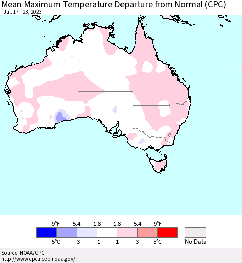 Australia Mean Maximum Temperature Departure from Normal (CPC) Thematic Map For 7/17/2023 - 7/23/2023