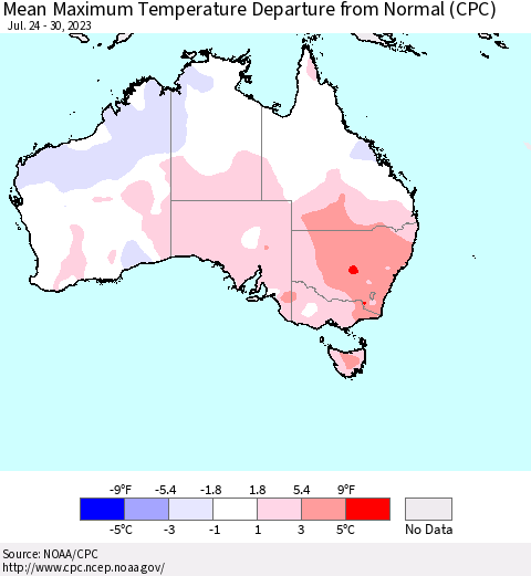 Australia Mean Maximum Temperature Departure from Normal (CPC) Thematic Map For 7/24/2023 - 7/30/2023