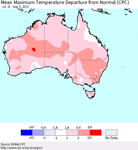 Australia Mean Maximum Temperature Departure from Normal (CPC) Thematic Map For 7/31/2023 - 8/6/2023