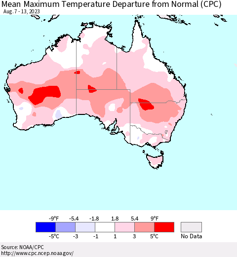 Australia Mean Maximum Temperature Departure from Normal (CPC) Thematic Map For 8/7/2023 - 8/13/2023