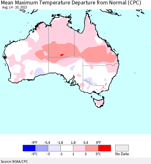 Australia Mean Maximum Temperature Departure from Normal (CPC) Thematic Map For 8/14/2023 - 8/20/2023