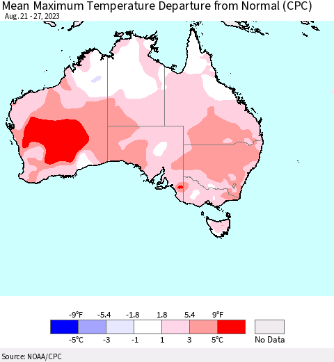 Australia Mean Maximum Temperature Departure from Normal (CPC) Thematic Map For 8/21/2023 - 8/27/2023