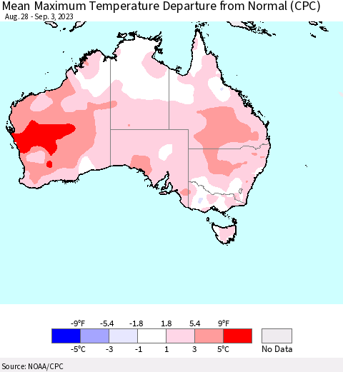 Australia Mean Maximum Temperature Departure from Normal (CPC) Thematic Map For 8/28/2023 - 9/3/2023
