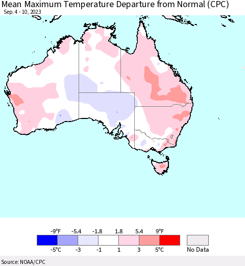 Australia Mean Maximum Temperature Departure from Normal (CPC) Thematic Map For 9/4/2023 - 9/10/2023
