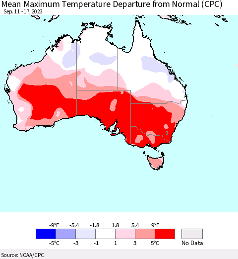 Australia Mean Maximum Temperature Departure from Normal (CPC) Thematic Map For 9/11/2023 - 9/17/2023