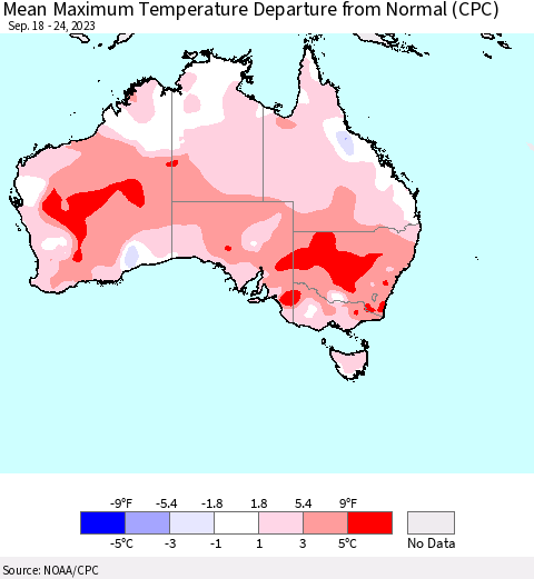 Australia Mean Maximum Temperature Departure from Normal (CPC) Thematic Map For 9/18/2023 - 9/24/2023