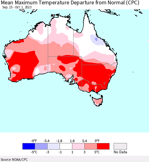 Australia Mean Maximum Temperature Departure from Normal (CPC) Thematic Map For 9/25/2023 - 10/1/2023