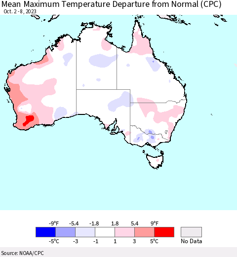 Australia Mean Maximum Temperature Departure from Normal (CPC) Thematic Map For 10/2/2023 - 10/8/2023