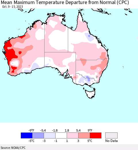 Australia Mean Maximum Temperature Departure from Normal (CPC) Thematic Map For 10/9/2023 - 10/15/2023