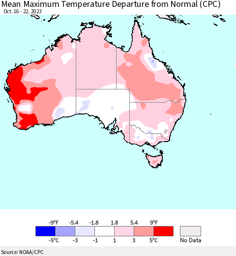Australia Mean Maximum Temperature Departure from Normal (CPC) Thematic Map For 10/16/2023 - 10/22/2023