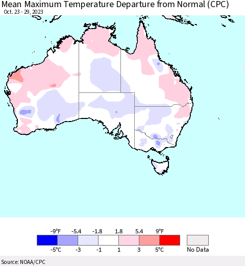 Australia Mean Maximum Temperature Departure from Normal (CPC) Thematic Map For 10/23/2023 - 10/29/2023