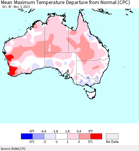 Australia Mean Maximum Temperature Departure from Normal (CPC) Thematic Map For 10/30/2023 - 11/5/2023