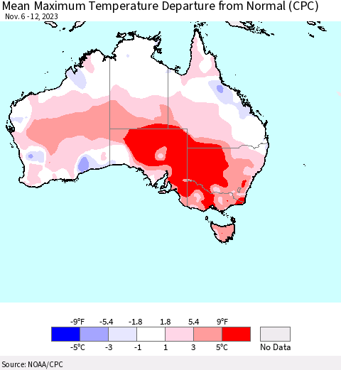 Australia Mean Maximum Temperature Departure from Normal (CPC) Thematic Map For 11/6/2023 - 11/12/2023