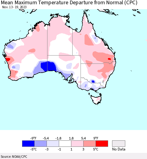 Australia Mean Maximum Temperature Departure from Normal (CPC) Thematic Map For 11/13/2023 - 11/19/2023