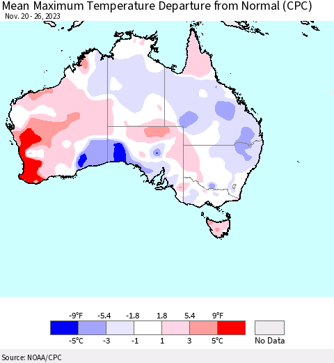 Australia Mean Maximum Temperature Departure from Normal (CPC) Thematic Map For 11/20/2023 - 11/26/2023