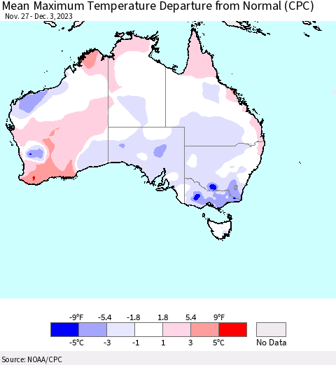 Australia Mean Maximum Temperature Departure from Normal (CPC) Thematic Map For 11/27/2023 - 12/3/2023