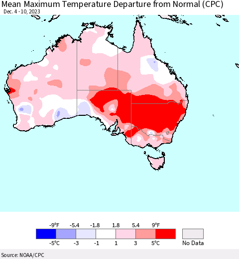 Australia Mean Maximum Temperature Departure from Normal (CPC) Thematic Map For 12/4/2023 - 12/10/2023