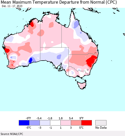 Australia Mean Maximum Temperature Departure from Normal (CPC) Thematic Map For 12/11/2023 - 12/17/2023