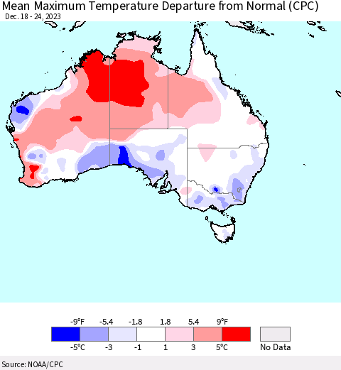 Australia Mean Maximum Temperature Departure from Normal (CPC) Thematic Map For 12/18/2023 - 12/24/2023