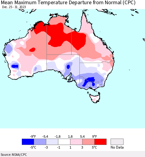 Australia Mean Maximum Temperature Departure from Normal (CPC) Thematic Map For 12/25/2023 - 12/31/2023