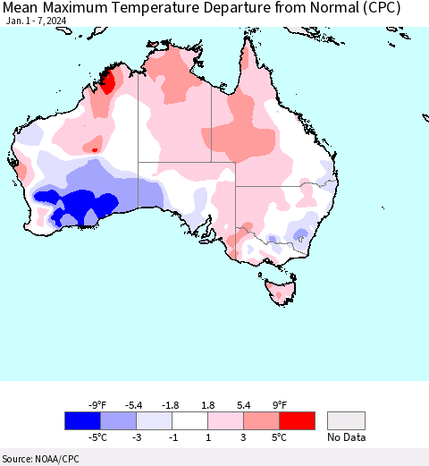 Australia Mean Maximum Temperature Departure from Normal (CPC) Thematic Map For 1/1/2024 - 1/7/2024