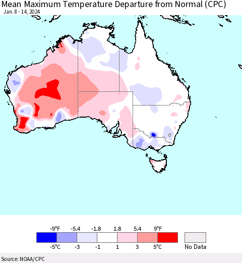 Australia Mean Maximum Temperature Departure from Normal (CPC) Thematic Map For 1/8/2024 - 1/14/2024