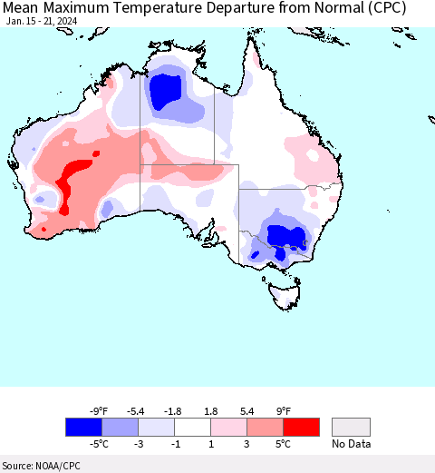 Australia Mean Maximum Temperature Departure from Normal (CPC) Thematic Map For 1/15/2024 - 1/21/2024