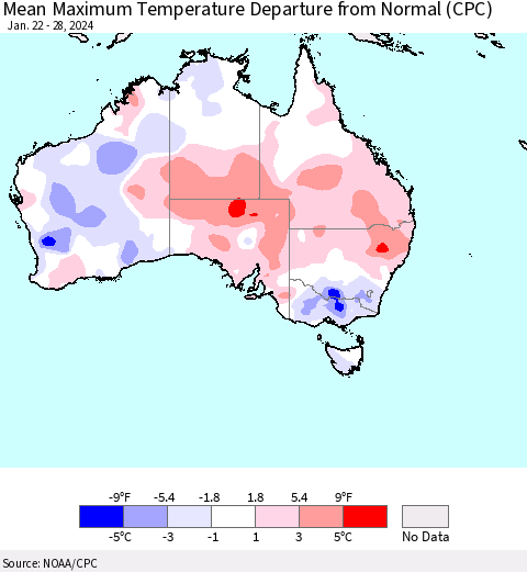 Australia Mean Maximum Temperature Departure from Normal (CPC) Thematic Map For 1/22/2024 - 1/28/2024