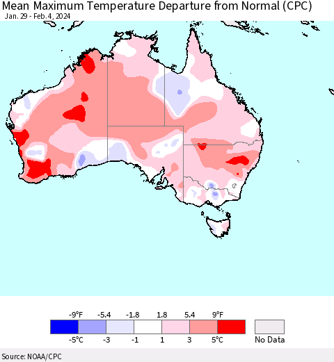 Australia Mean Maximum Temperature Departure from Normal (CPC) Thematic Map For 1/29/2024 - 2/4/2024