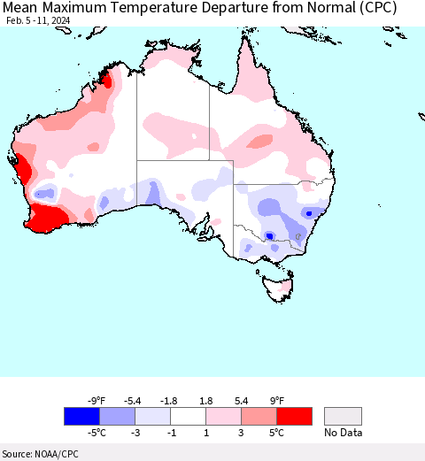 Australia Mean Maximum Temperature Departure from Normal (CPC) Thematic Map For 2/5/2024 - 2/11/2024
