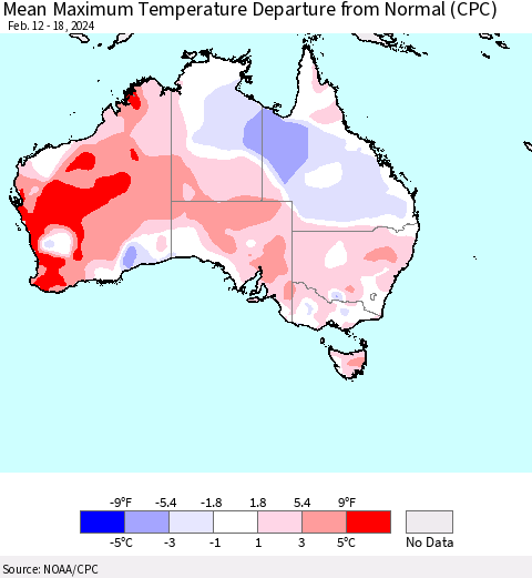 Australia Mean Maximum Temperature Departure from Normal (CPC) Thematic Map For 2/12/2024 - 2/18/2024