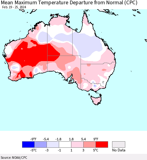 Australia Mean Maximum Temperature Departure from Normal (CPC) Thematic Map For 2/19/2024 - 2/25/2024