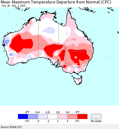 Australia Mean Maximum Temperature Departure from Normal (CPC) Thematic Map For 2/26/2024 - 3/3/2024