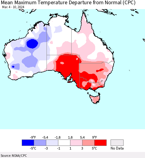 Australia Mean Maximum Temperature Departure from Normal (CPC) Thematic Map For 3/4/2024 - 3/10/2024