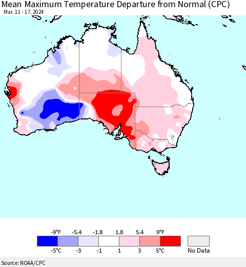 Australia Mean Maximum Temperature Departure from Normal (CPC) Thematic Map For 3/11/2024 - 3/17/2024