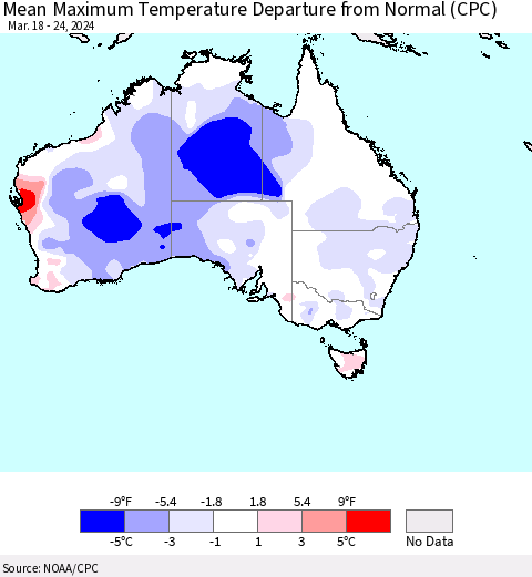 Australia Mean Maximum Temperature Departure from Normal (CPC) Thematic Map For 3/18/2024 - 3/24/2024