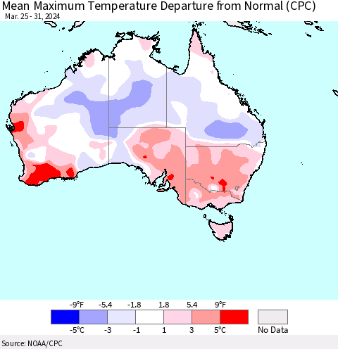 Australia Mean Maximum Temperature Departure from Normal (CPC) Thematic Map For 3/25/2024 - 3/31/2024