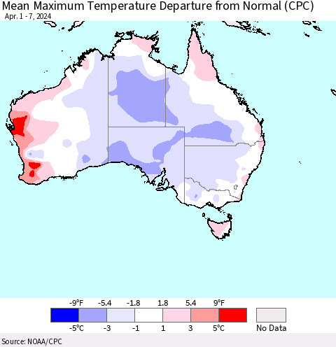Australia Mean Maximum Temperature Departure from Normal (CPC) Thematic Map For 4/1/2024 - 4/7/2024
