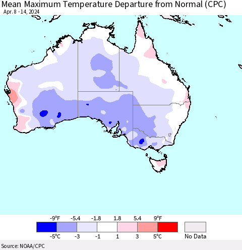 Australia Mean Maximum Temperature Departure from Normal (CPC) Thematic Map For 4/8/2024 - 4/14/2024