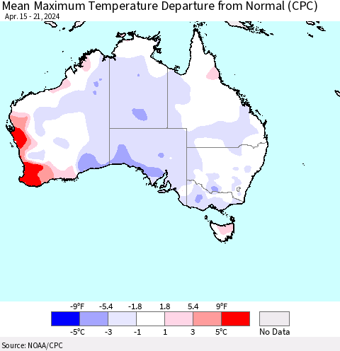 Australia Mean Maximum Temperature Departure from Normal (CPC) Thematic Map For 4/15/2024 - 4/21/2024