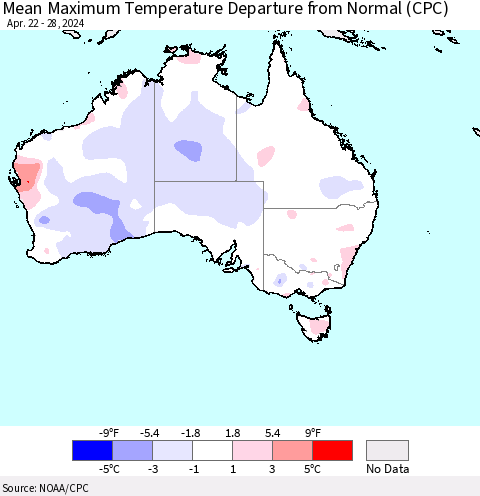 Australia Mean Maximum Temperature Departure from Normal (CPC) Thematic Map For 4/22/2024 - 4/28/2024