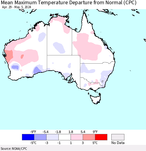 Australia Mean Maximum Temperature Departure from Normal (CPC) Thematic Map For 4/29/2024 - 5/5/2024